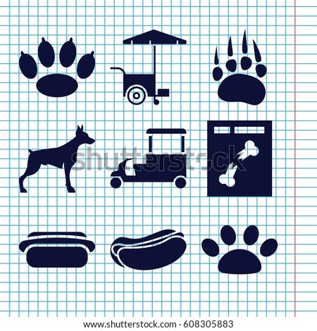 Set of 9 dog filled icons such as animal paw, dog, hot dog, fast food cart, x ray