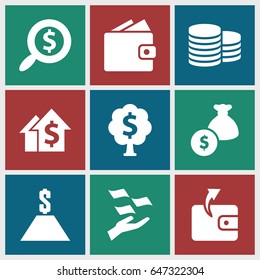 Set of 9 dollar filled icons such as coin, wallet, money on hand, money tree
