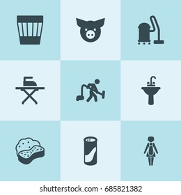 Set of 9 domestic filled icons such as trash bin, vacuum cleaner, sponge, cleaning powder, sink, man with vacuum cleaner, ironing, housewife