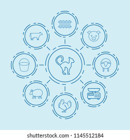 Set of 9 domestic outline icons such as cow, sheep, pig, bucket, radiator, turkey, cat