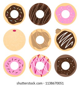 Set of 9 donut vectors with various flavors and decorations