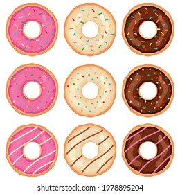 Set of 9 donuts in three colors. Various designs. White background. Vector illustration.