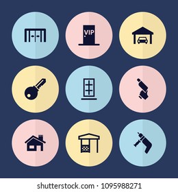 Set of 9 door filled icons such as sliding doors, nail gun, gazebo, garage, vip door, house building, door