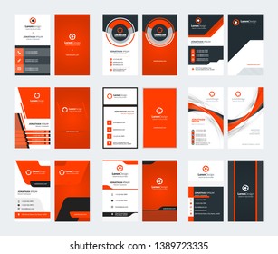 Set of 9 double sided vertical business card templates. Red color theme. Stationery design. Vector illustration