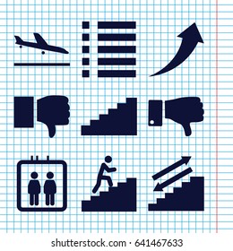 Set of 9 down filled icons such as plane landing, elevator, dislike, menu, man climbing stairs, stairs