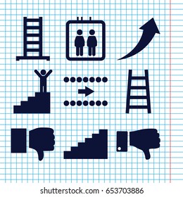 Set of 9 down filled icons such as elevator, ladder, dislike, stairs, man on stairs, arrow up