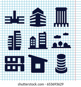 Set of 9 downtown filled icons such as house building, building