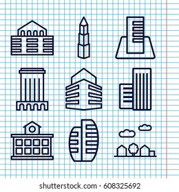 Set of 9 downtown outline icons such as building, builidng