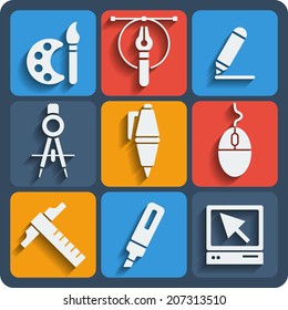 Set of 9 draw vector web and mobile icons in flat design.