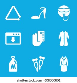 set of 9 drawn filled icons such as milk can, heel sandals, overcoat, cool emot, pipette, triangle musical instrument, credit card in hand