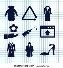 Set of 9 drawn filled icons such as heel sandals, overcoat, injection rash, triangle musical instrument, atom in hand