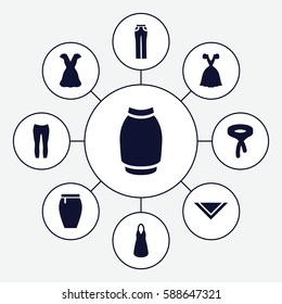 Set of 9 dress filled icons such as dress, tie, cravat, woman pants