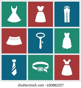 set of 9 dress filled icons such as dress, tie, woman pants, skirt