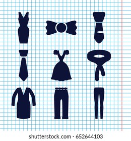 Set of 9 dress filled icons such as dress, tie, woman pants