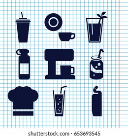 Set of 9 drink filled icons such as cleanser, dish, soda, drink, cocktail, coffee machine