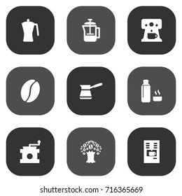 Set Of 9 Drink Icons Set.Collection Of Timber, Coffee Mill, French Press And Other Elements.