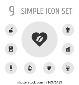 Set Of 9 Drink Icons Set.Collection Of Heart, Latte, Mocha And Other Elements.