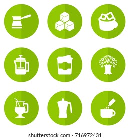 Set Of 9 Drink Icons Set.Collection Of Sweetener, French Press, Ibrik And Other Elements.