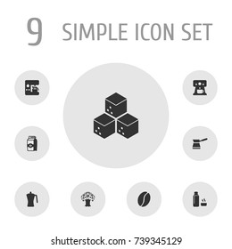 Set Of 9 Drink Icons Set.Collection Of Arabica Bean, Sweetener, Seed Pack And Other Elements.