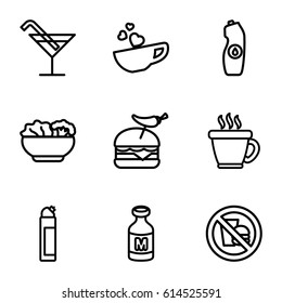 Set of 9 drink outline icons such as coffee, Cocktail, cleanser, water bottle, burger with pepper, milk, cup with heart, food