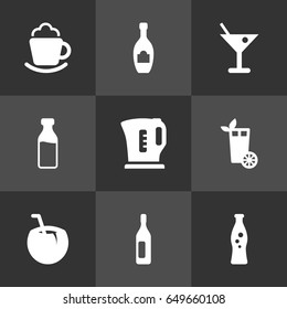Set Of 9 Drinks Icons Set.Collection Of Fizzy Water, Alcohol, Lime And Other Elements.