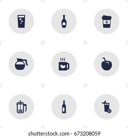 Set Of 9 Drinks Icons Set.Collection Of Alcohol, Espresso, Teapot And Other Elements.
