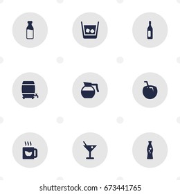 Set Of 9 Drinks Icons Set.Collection Of Green Tea, Teapot, Cocktail And Other Elements.
