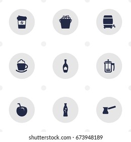 Set Of 9 Drinks Icons Set.Collection Of Fizzy Water, Cask, Espresso And Other Elements.