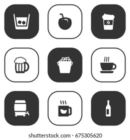 Set Of 9 Drinks Icons Set.Collection Of Green Tea, Mug, Espresso And Other Elements.