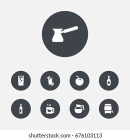 Set Of 9 Drinks Icons Set.Collection Of Soda, Teapot, Alcohol And Other Elements.