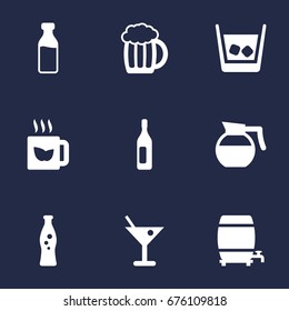Set Of 9 Drinks Icons Set.Collection Of Fizzy Water, Teapot, Milk Glass And Other Elements.