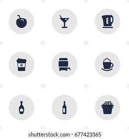 Set Of 9 Drinks Icons Set.Collection Of Alcohol, Cream, Fridge And Other Elements.