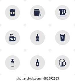 Set Of 9 Drinks Icons Set.Collection Of Soda, Milk Glass, Green Tea And Other Elements.
