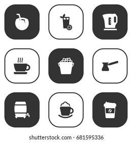 Set Of 9 Drinks Icons Set.Collection Of Electric Teapot, Cocktail, Fridge And Other Elements.