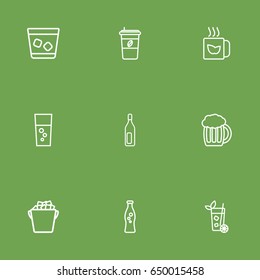Set Of 9 Drinks Outline Icons Set.Collection Of Bottle, Ice, Soda And Other Elements.