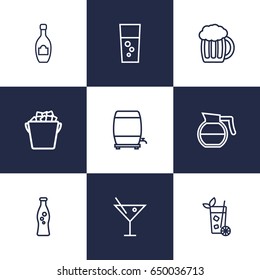 Set Of 9 Drinks Outline Icons Set.Collection Of Champagne, Soda, Wine Cask And Other Elements.