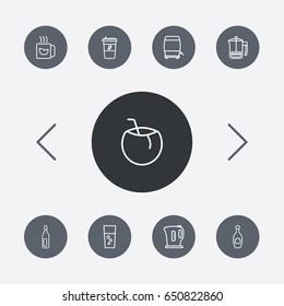 Set Of 9 Drinks Outline Icons Set.Collection Of Fizzy Water, Wine Cask, Bottle And Other Elements.