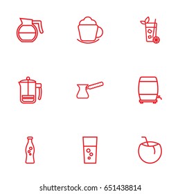 Set Of 9 Drinks Outline Icons Set.Collection Of French Press, Fizzy Water, Wine Cask And Other Elements.