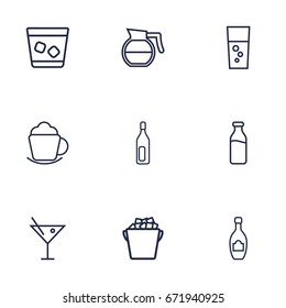 Set Of 9 Drinks Outline Icons Set.Collection Of Cocktail, Fizzy Water, Coffee And Other Elements.