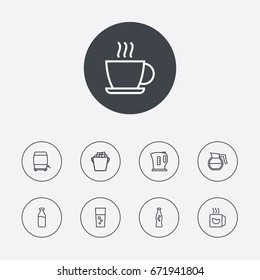 Set Of 9 Drinks Outline Icons Set.Collection Of Wine Cask, Dairy, Soda And Other Elements.