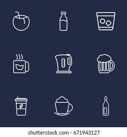 Set Of 9 Drinks Outline Icons Set.Collection Of Coconut, Mug, Whiskey And Other Elements.