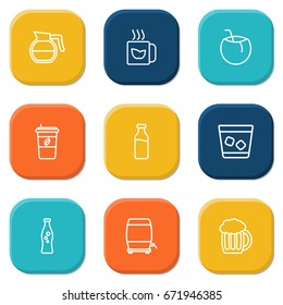 Set Of 9 Drinks Outline Icons Set.Collection Of Beer, Wine Cask, Soda And Other Elements.