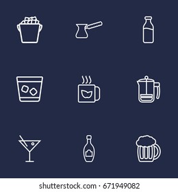Set Of 9 Drinks Outline Icons Set.Collection Of Pot, Whiskey, Cocktail And Other Elements.
