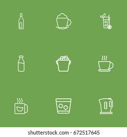 Set Of 9 Drinks Outline Icons Set.Collection Of Bottle, Ice Bucket, Kettle And Other Elements.