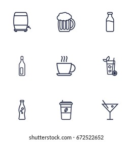 Set Of 9 Drinks Outline Icons Set.Collection Of Wine Cask, Hot Drink, Mojito And Other Elements.