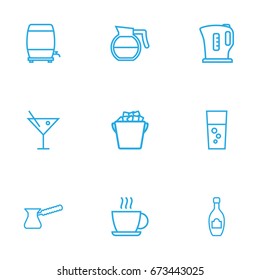 Set Of 9 Drinks Outline Icons Set.Collection Of Fizzy Water, Hot Drink, Cocktail And Other Elements.
