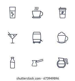 Set Of 9 Drinks Outline Icons Set.Collection Of Cocktail, Wine Cask, Dairy And Other Elements.