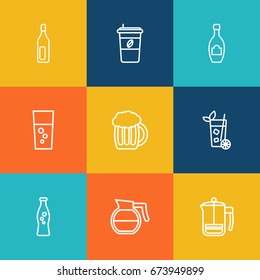 Set Of 9 Drinks Outline Icons Set.Collection Of Bottle, Mojito, Fizzy Water And Other Elements.