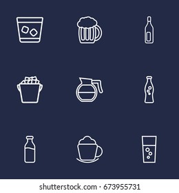Set Of 9 Drinks Outline Icons Set.Collection Of Coffeepot, Whiskey, Ice Bucket And Other Elements.