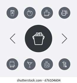Set Of 9 Drinks Outline Icons Set.Collection Of Wine Cask, Ice Bucket, Cappuccino And Other Elements.